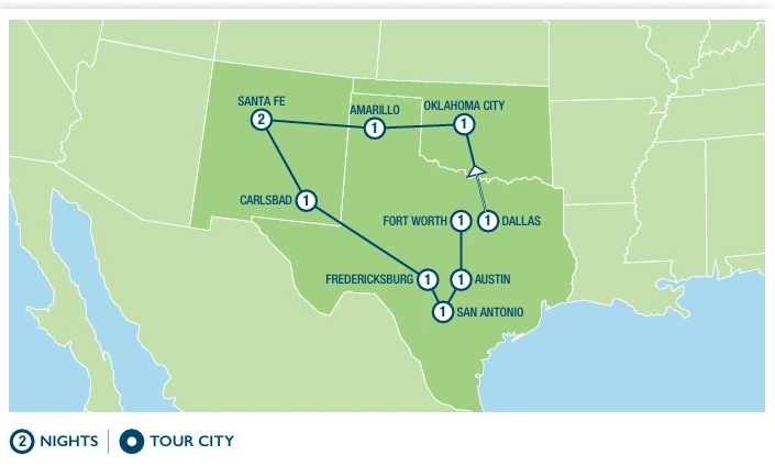 Route 66 and Texas Hill Country USA Tour route map